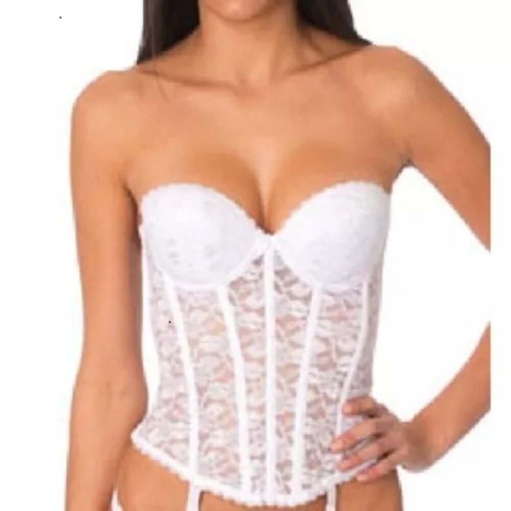 QT Intimates Strapless 1125 Corset Lace Bridal with Garters A,C,D 34,36,38 White